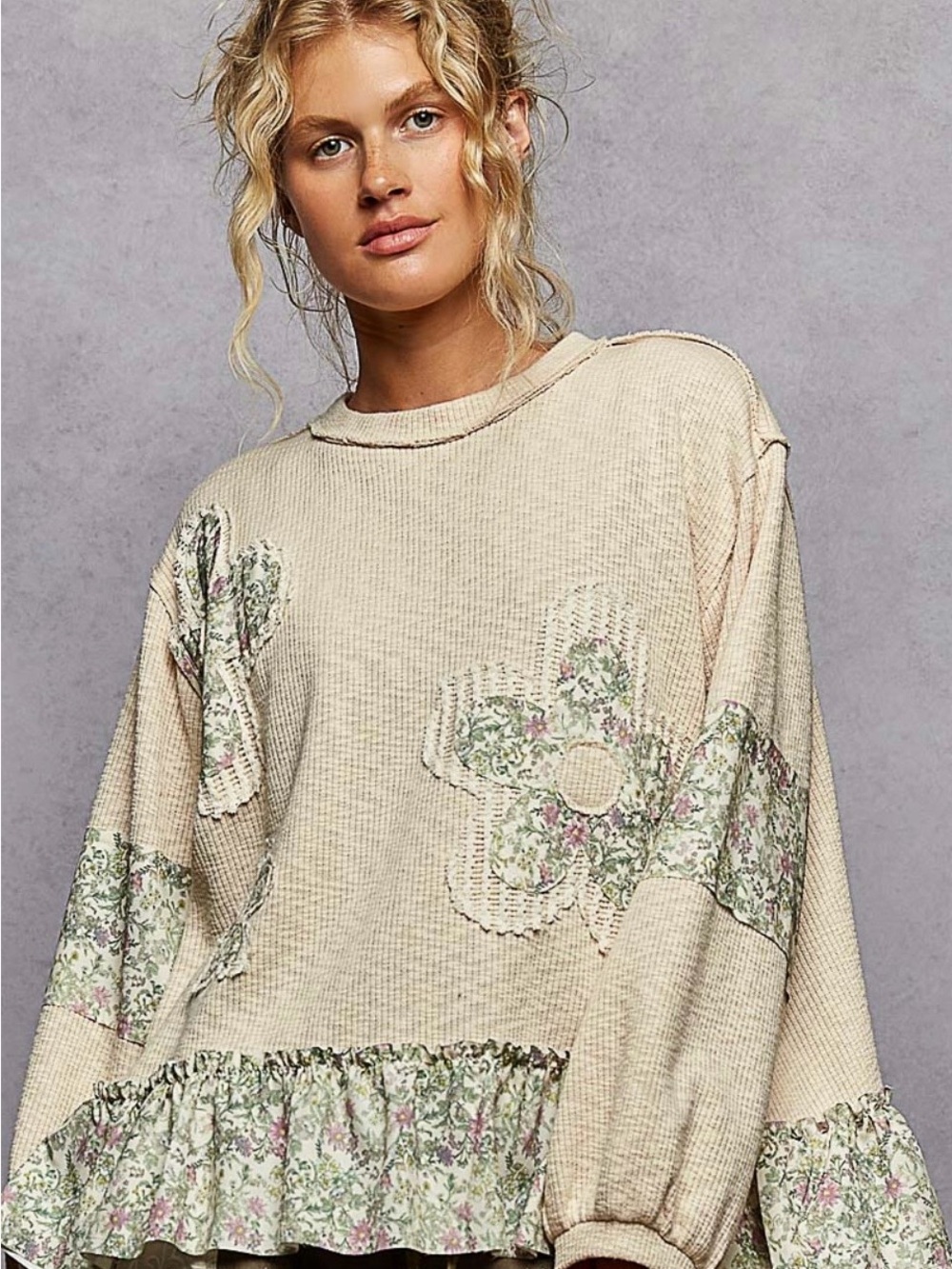 POL Balloon Sleeve Flower W/Crochet Patchwork Top size M